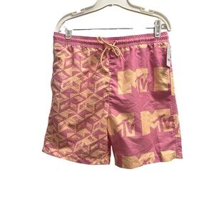 MTV Swim Trunks Pink Yellow Logo Shorts Mesh Lined Size M NWT Y2K Beach Festival